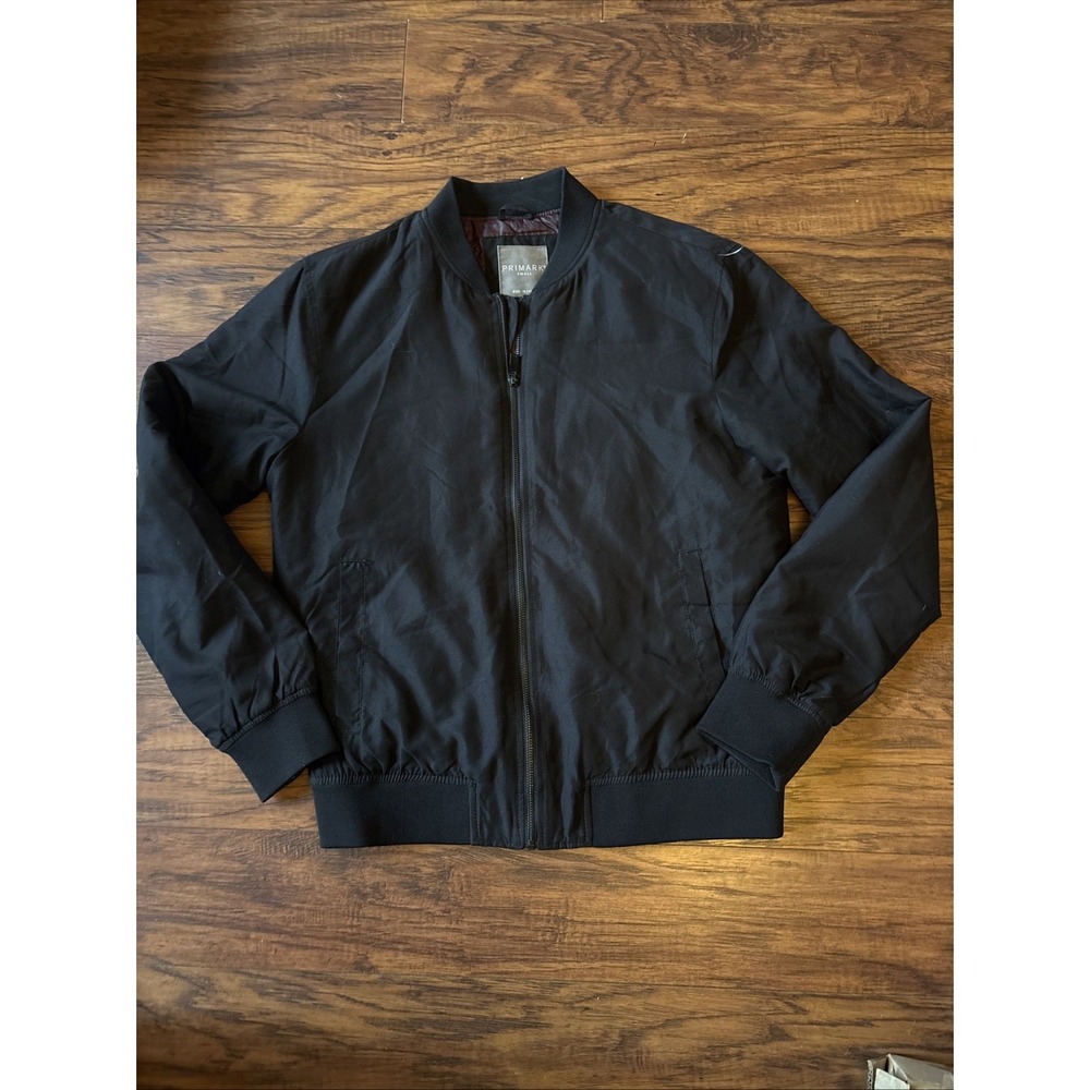 Primark Black Quilted Bomber Jacket Men's Full Zip Stand-Up Collar Small